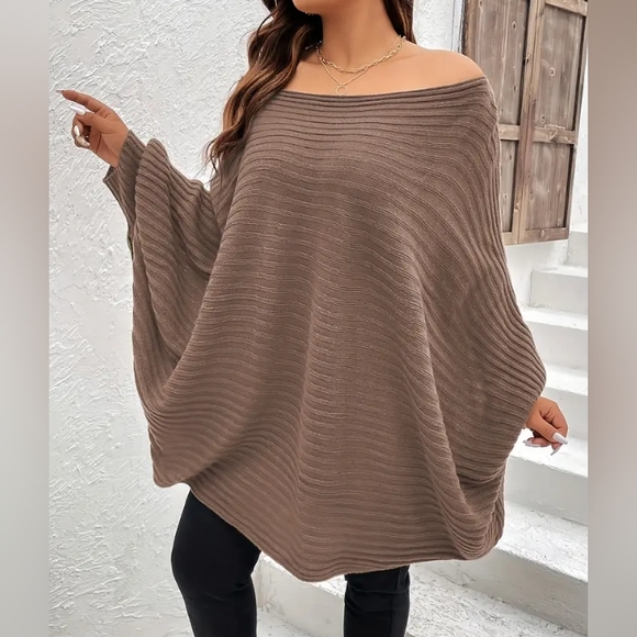 Plus Size Rib Knit Off Shoulder Batwing Sleeve Loose Fit Sweater, Women'… - Picture 4 of 17